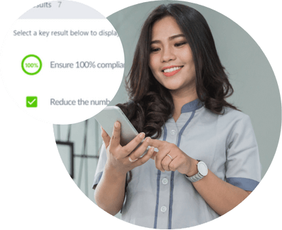 Frontline worker on a phone beside key results tracking compliance targets