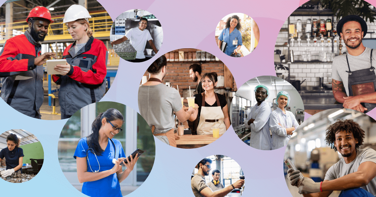 Collage of frontline workers in manufacturing, healthcare, hospitality and retail