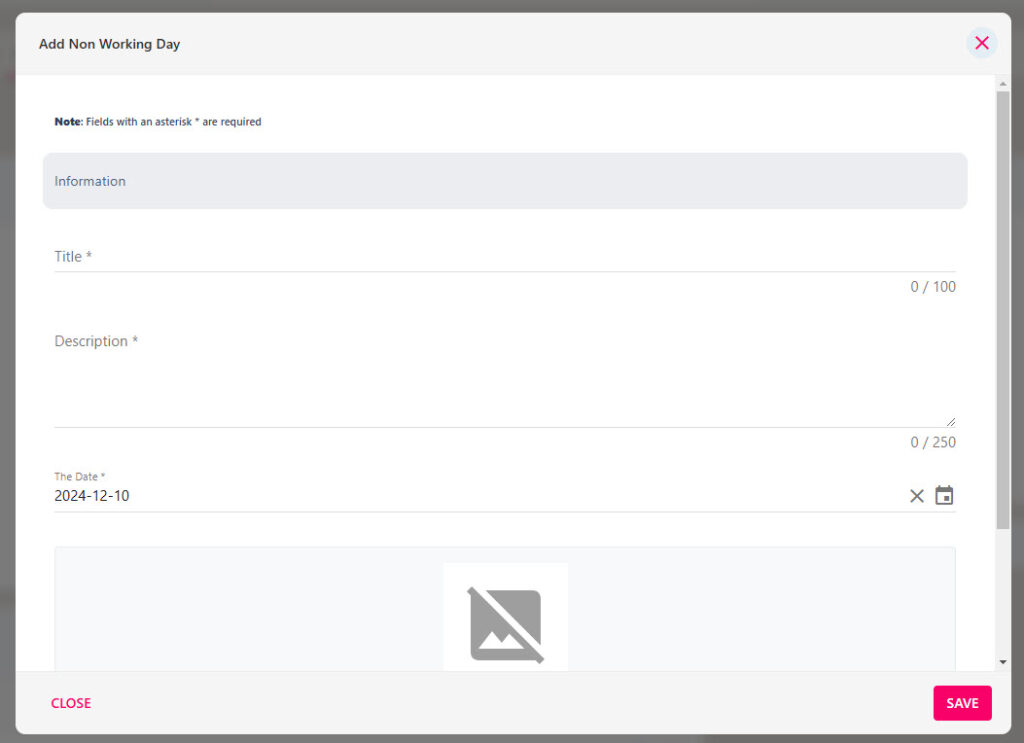 Add Non Working Day drawer with the event title and date fields