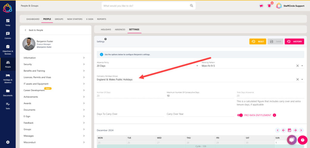 The Company Holidays group drop-down on the Time Off Settings tab