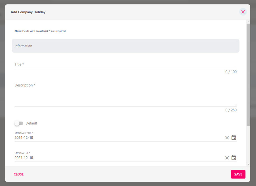 Add Company Holiday Group form with the default toggle and effective dates