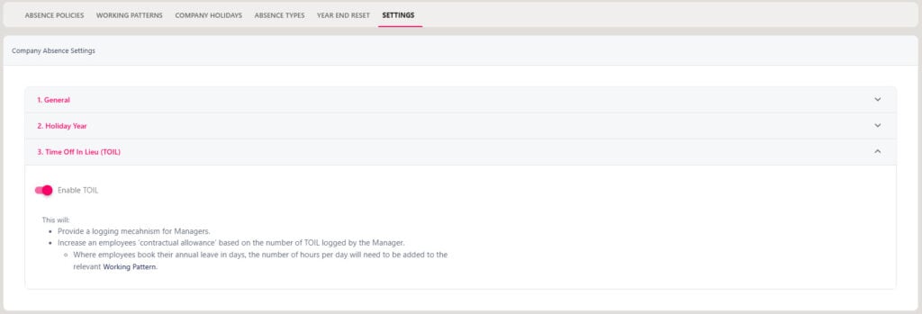 The Time Off in Lieu toggle in the absence settings