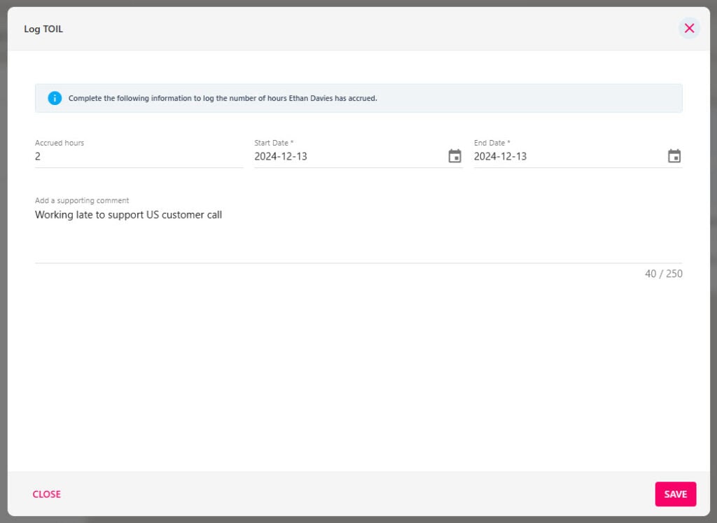 Log TOIL pop-up with the hours, date range and supporting comment