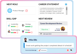 Career pathing view showing next role, skill gaps, career statement, upcoming review and recognition