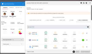 Quarterly check-in screen with a skills assessment rating skills from entry to expert