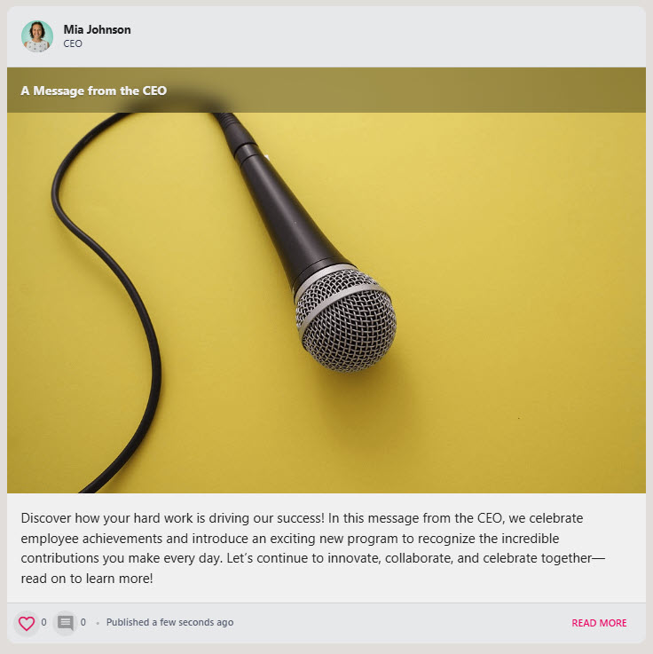 Example of a social post tile showing the author's photo, name and role