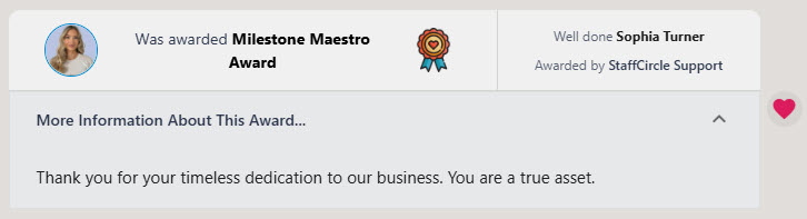 An award assigned to an employee and published to the activity feed