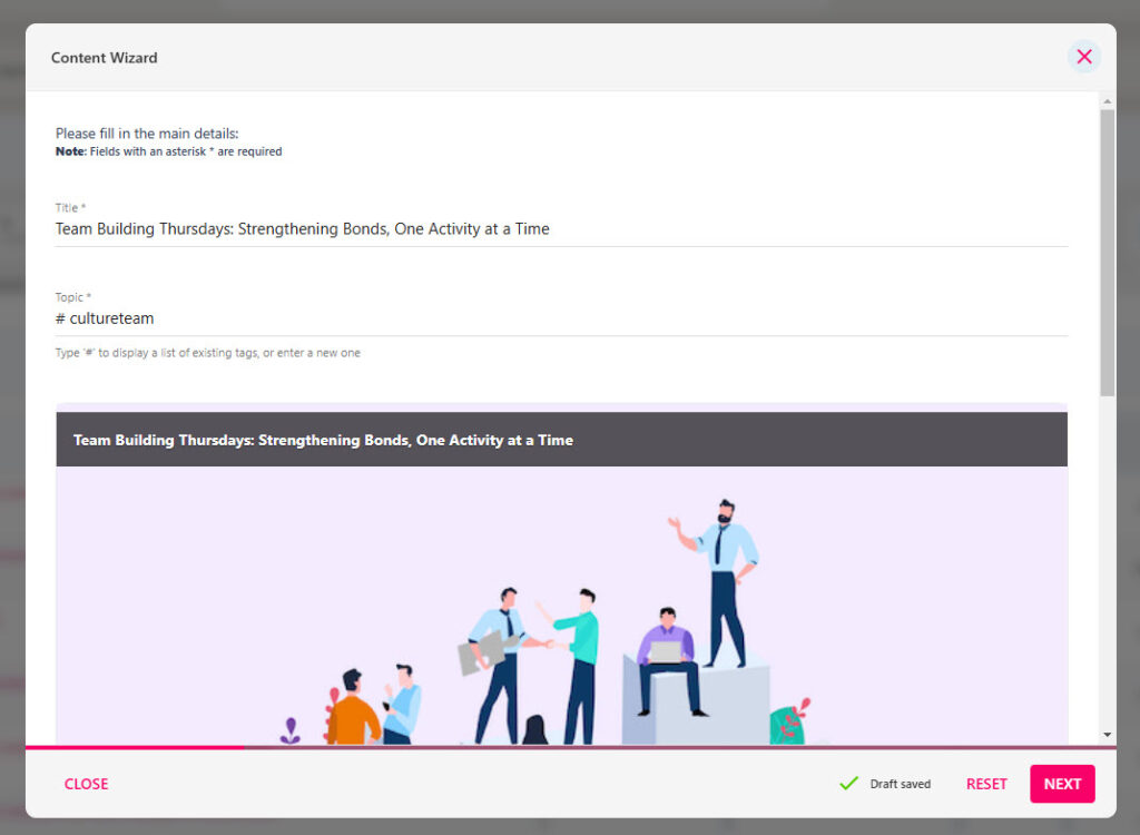 Title, topic and image fields on the content form