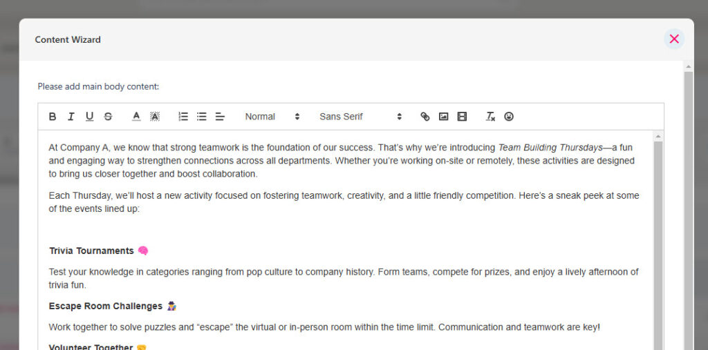 Article editor with formatting tools and an @ mention of people or teams