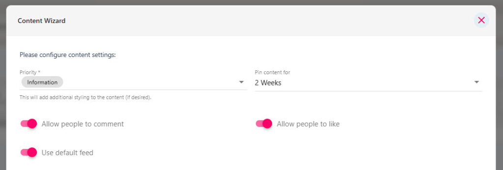 Priority and Pin settings controlling how prominently the article appears