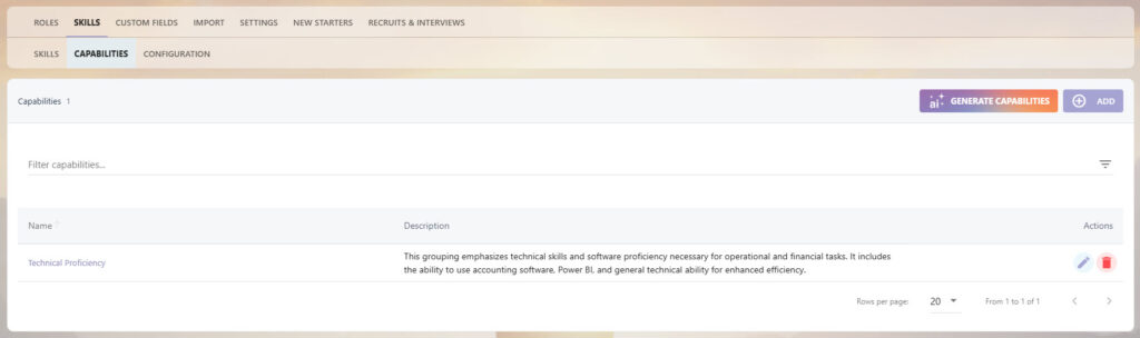 The Capabilities tab on the Skills configuration page