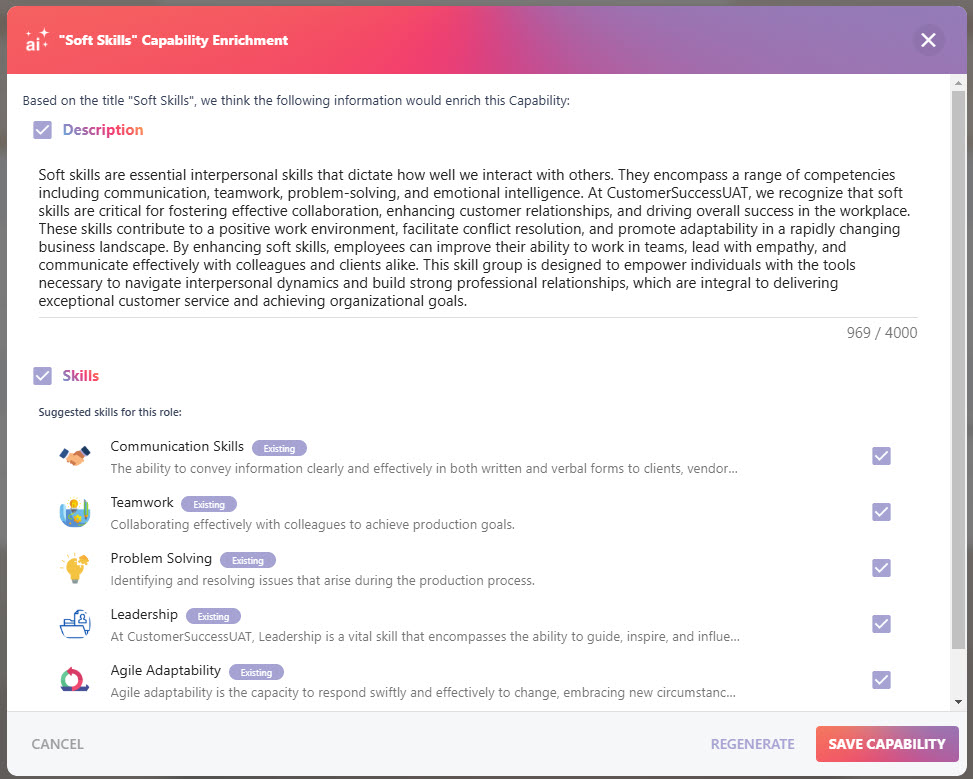 The Enrich Capability button generating a description and suggested skills