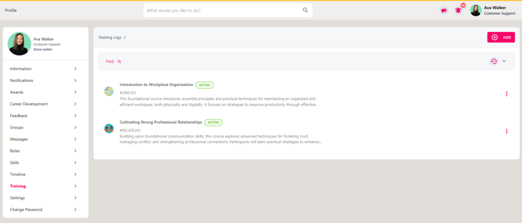 A personal training log listing completed courses