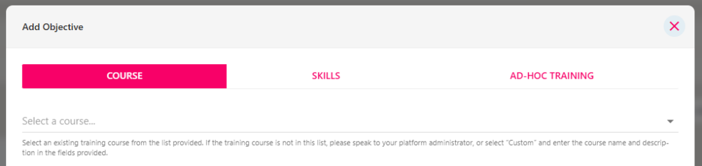 The Course tab with the Select a course drop-down for the objective