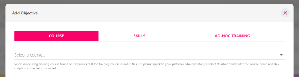 The Course tab with the Select a course drop-down for the objective