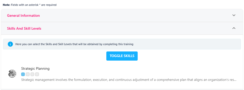 Toggling the skills and skill levels gained by completing the course