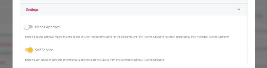 Course Settings section with the approval required and self-service toggles