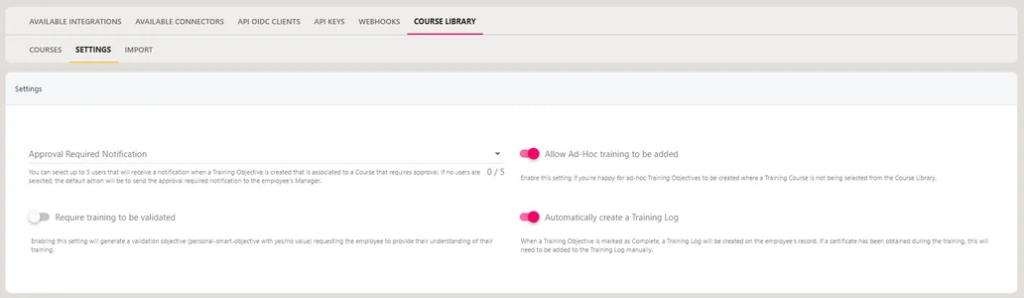 Course Library Settings shown under the Settings tab