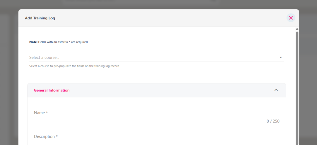 The Add button that opens the Add Training Log pop-up