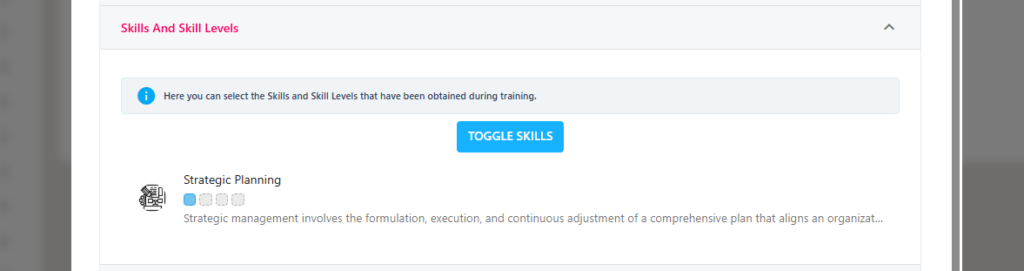 Skills and skill levels associated with the training course