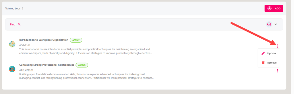 The three dots beside a training record for editing or deleting it