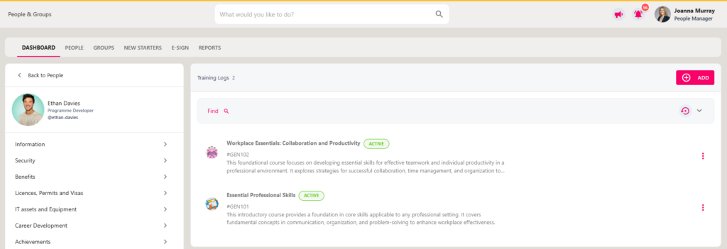 The Training tab of an employee profile showing their training log