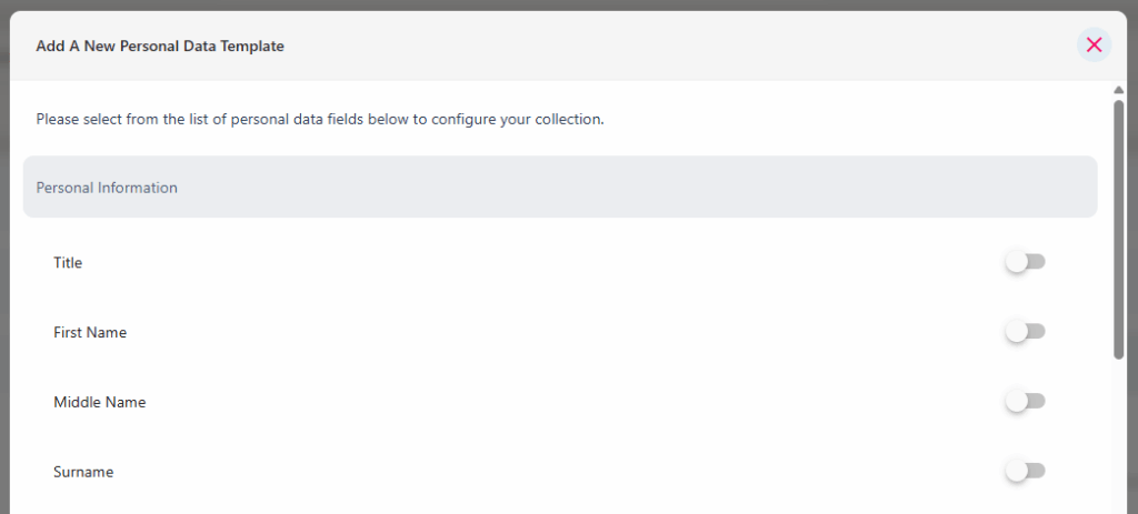 Toggles for choosing which data fields the new starter is asked to complete