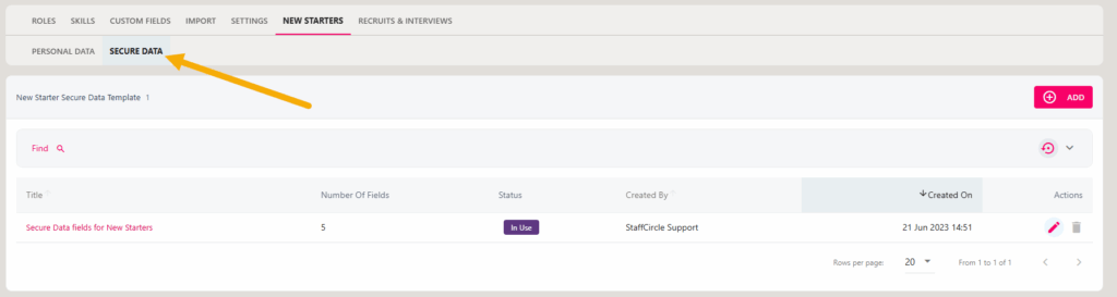 The Secure Data tab on the New Starters configuration page