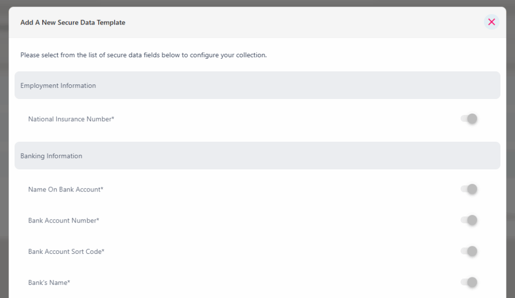 The two sections of sensitive data fields in the secure data template