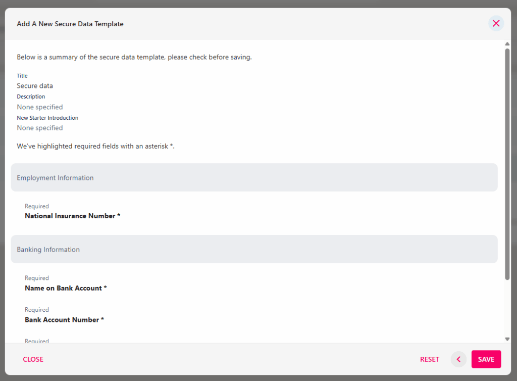 Summary page confirming the sensitive data points before saving