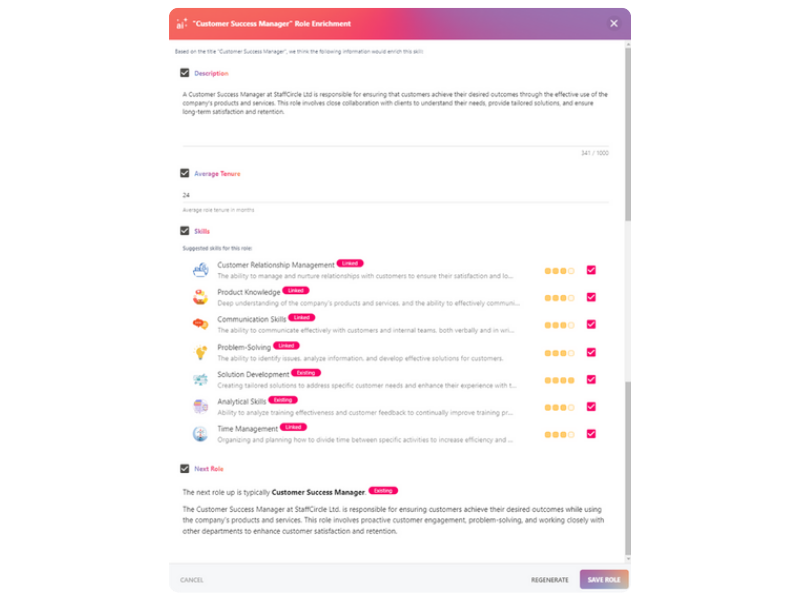 AI role enrichment screen suggesting a description, tenure and rated skills for a customer success manager