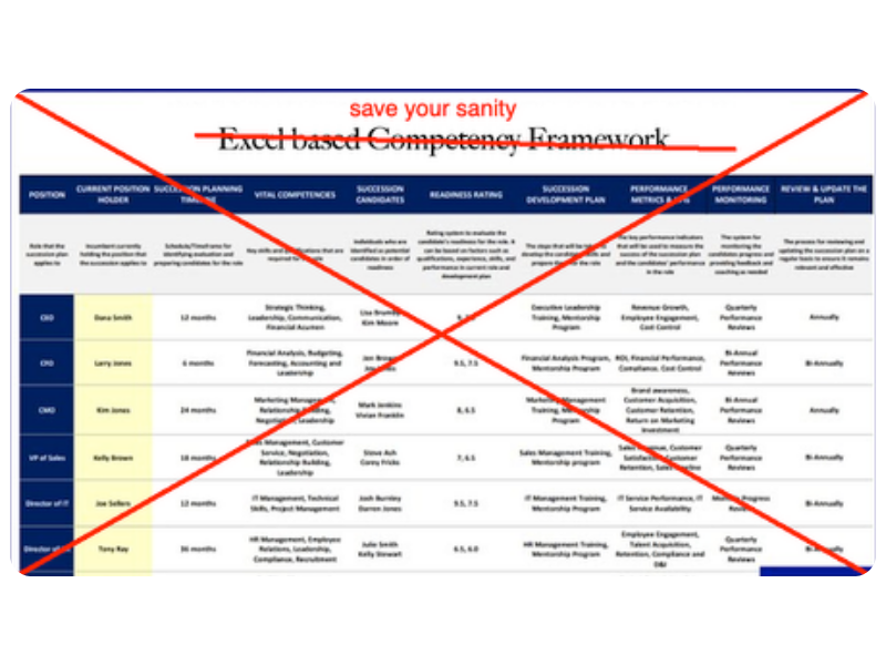 A sprawling Excel-based competency framework crossed out, captioned save your sanity