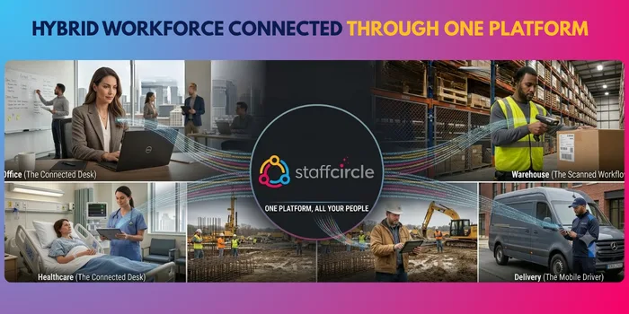Hybrid workforce connected through one platform – office, warehouse, healthcare, construction and delivery teams unified in StaffCircle