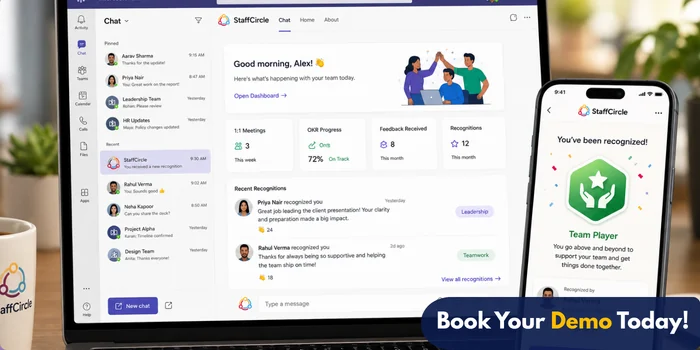 StaffCircle inside Microsoft Teams showing dashboard, recognitions and mobile app - book your demo today