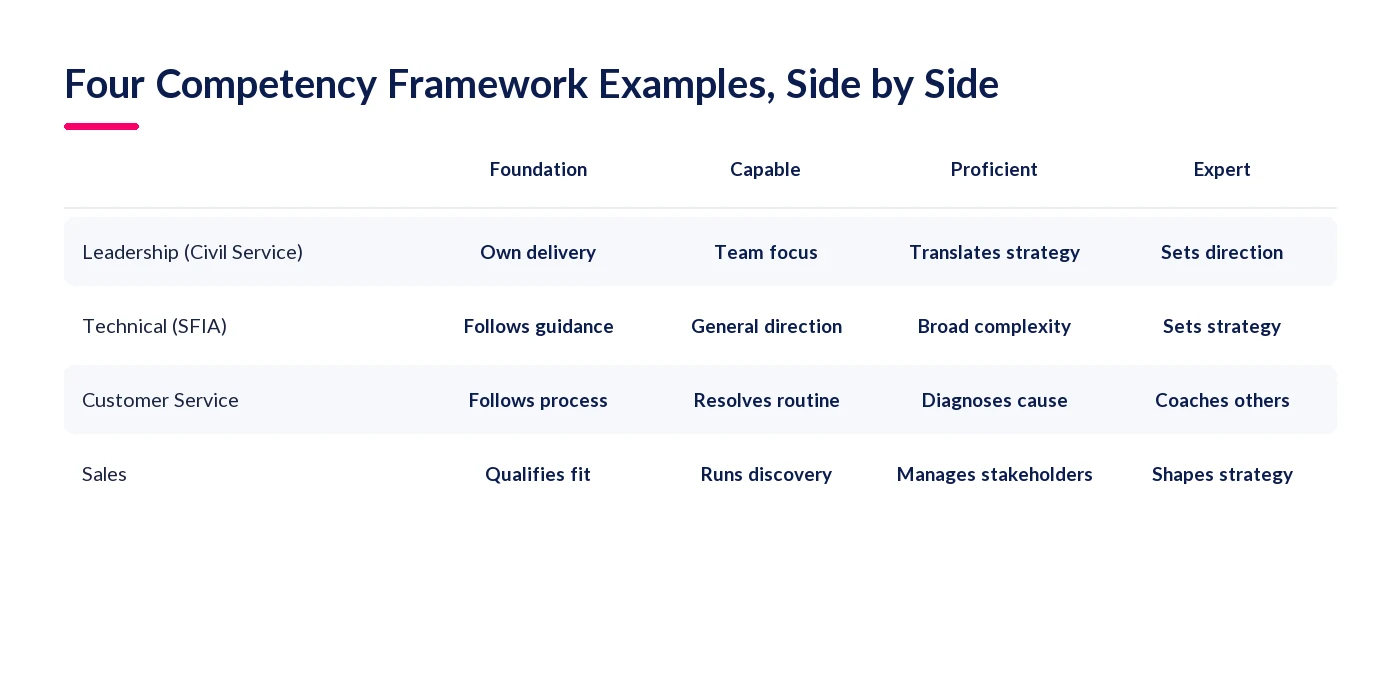 Four competency framework examples side by side: leadership behaviour, technical skill, customer service and sales