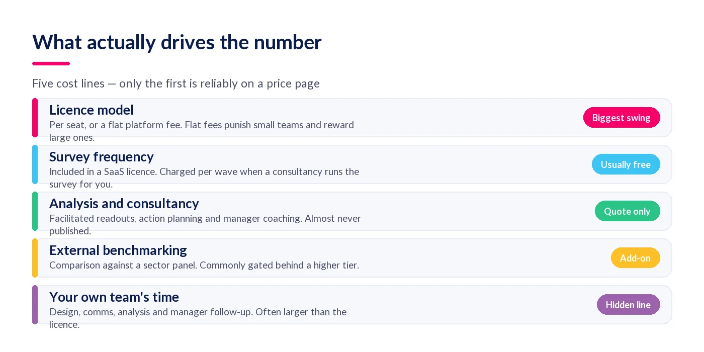 Five cost drivers for an employee engagement survey: licence model, frequency, consultancy, benchmarking and internal time