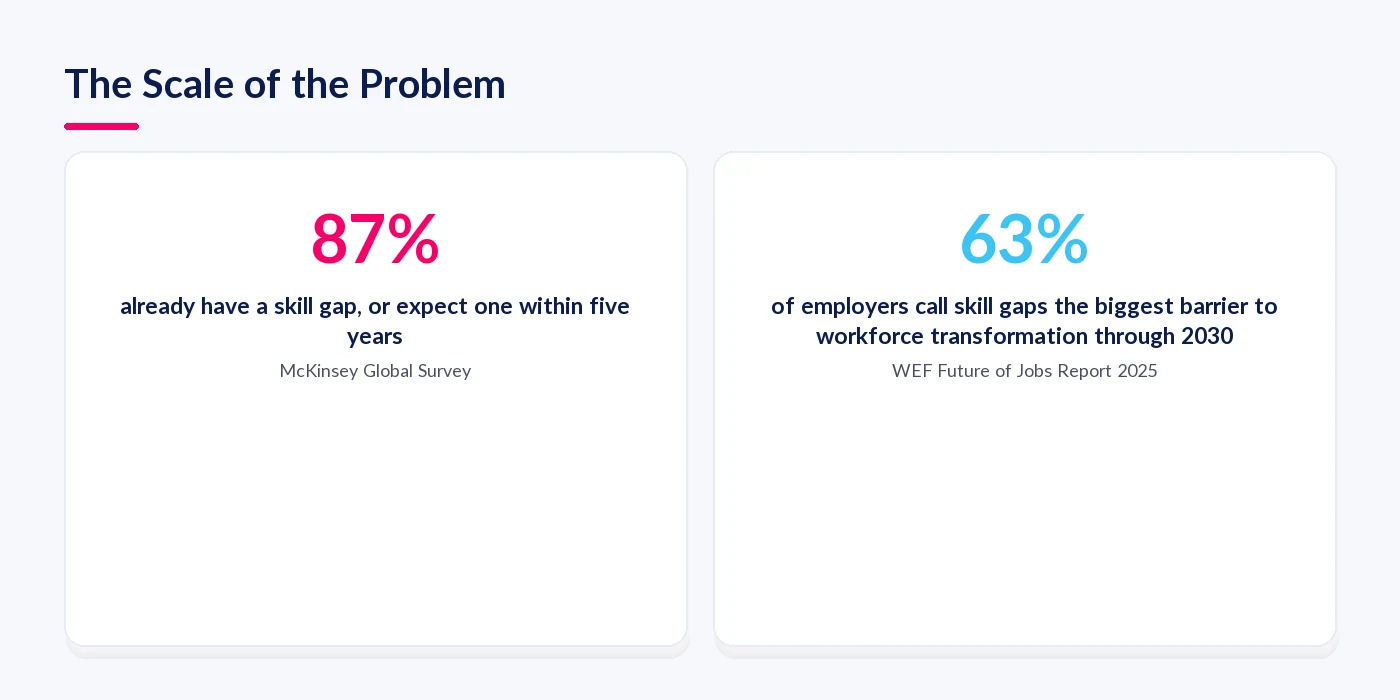 Statistics on skills gaps: 87 percent of organisations report or expect a skills gap per McKinsey, 63 percent of employers call it the biggest barrier to transformation per the WEF Future of Jobs Report 2025