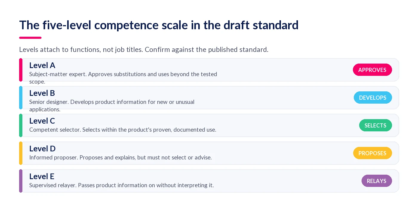 The five competence levels A to E, from subject-matter expert down to supervised relayer