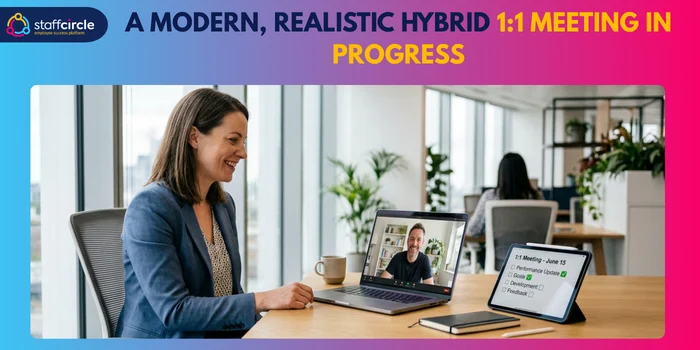 A hybrid 1:1 meeting in progress: manager on a video call with a shared 1:1 agenda covering performance, goals, development and feedback