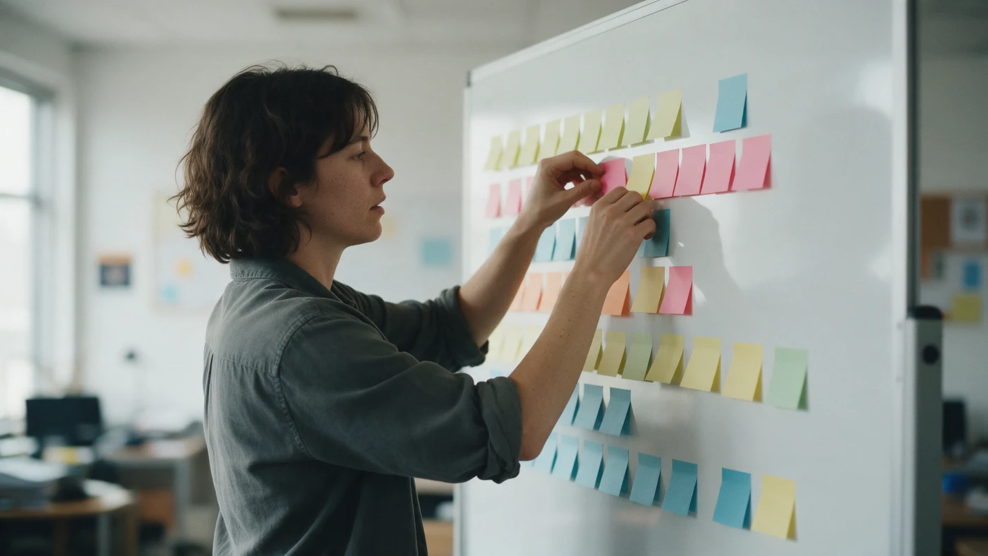 Someone arranging coloured notes into tiered proficiency levels on a whiteboard