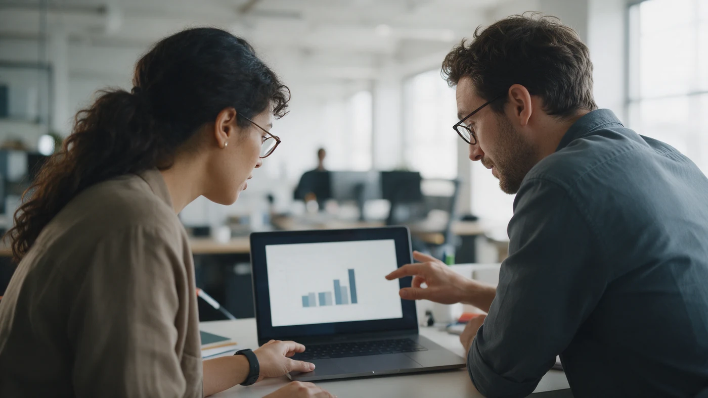 Two colleagues in a calibration conversation, one pointing to a chart on a laptop screen