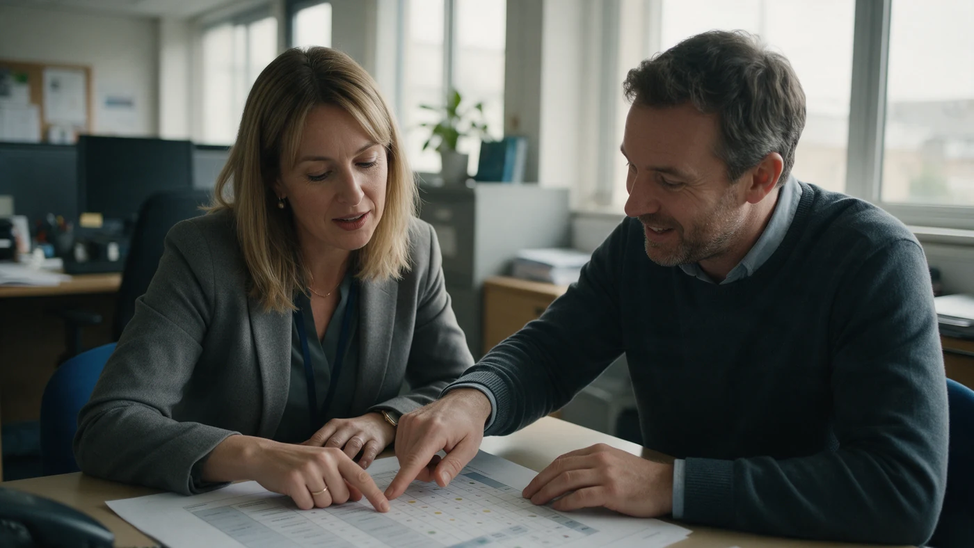 An HR manager and a line manager reviewing a printed role-competency matrix together at a table