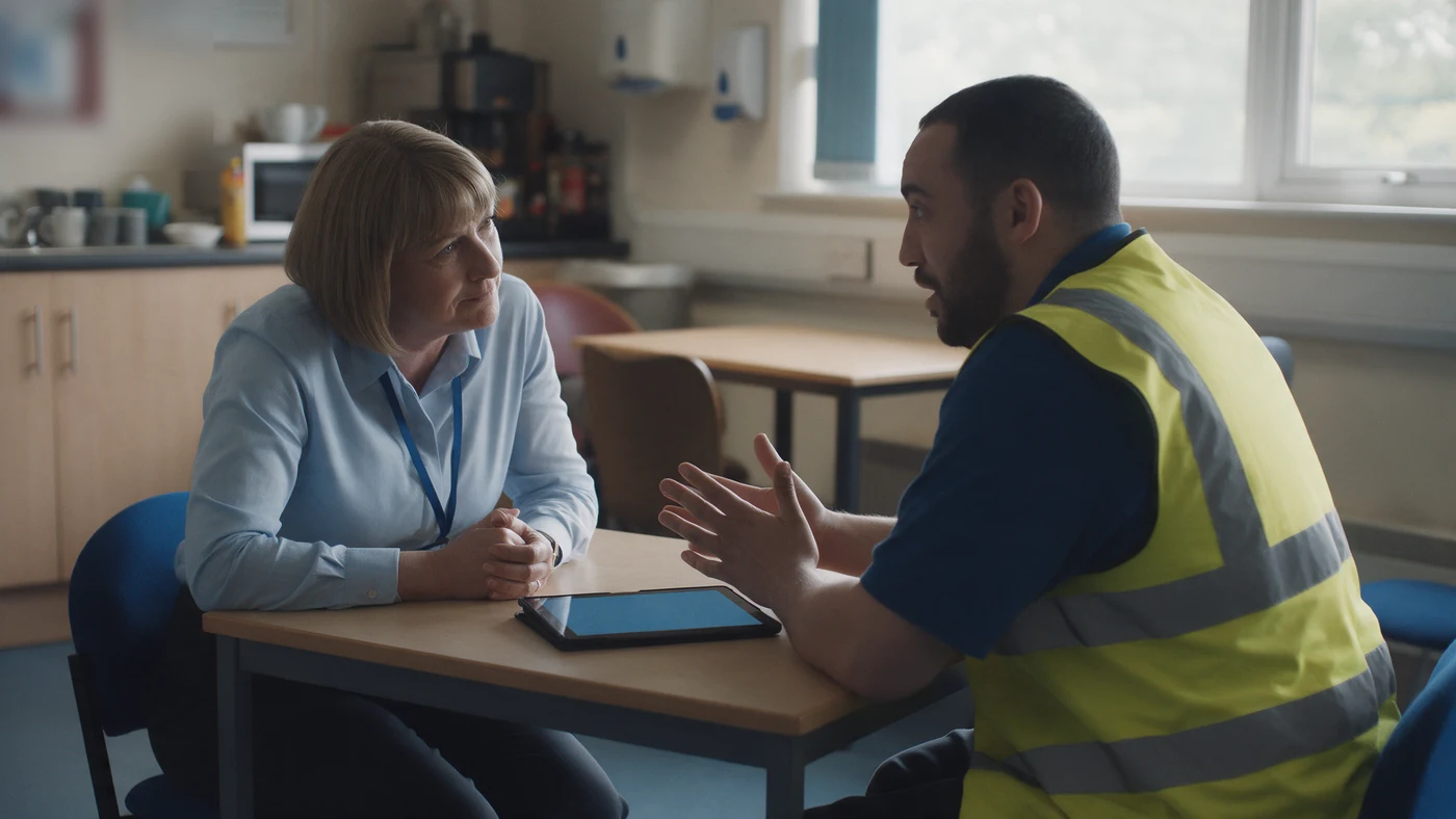 A line manager and a warehouse team member in hi-vis having a one-to-one at a break-room table with a tablet between them