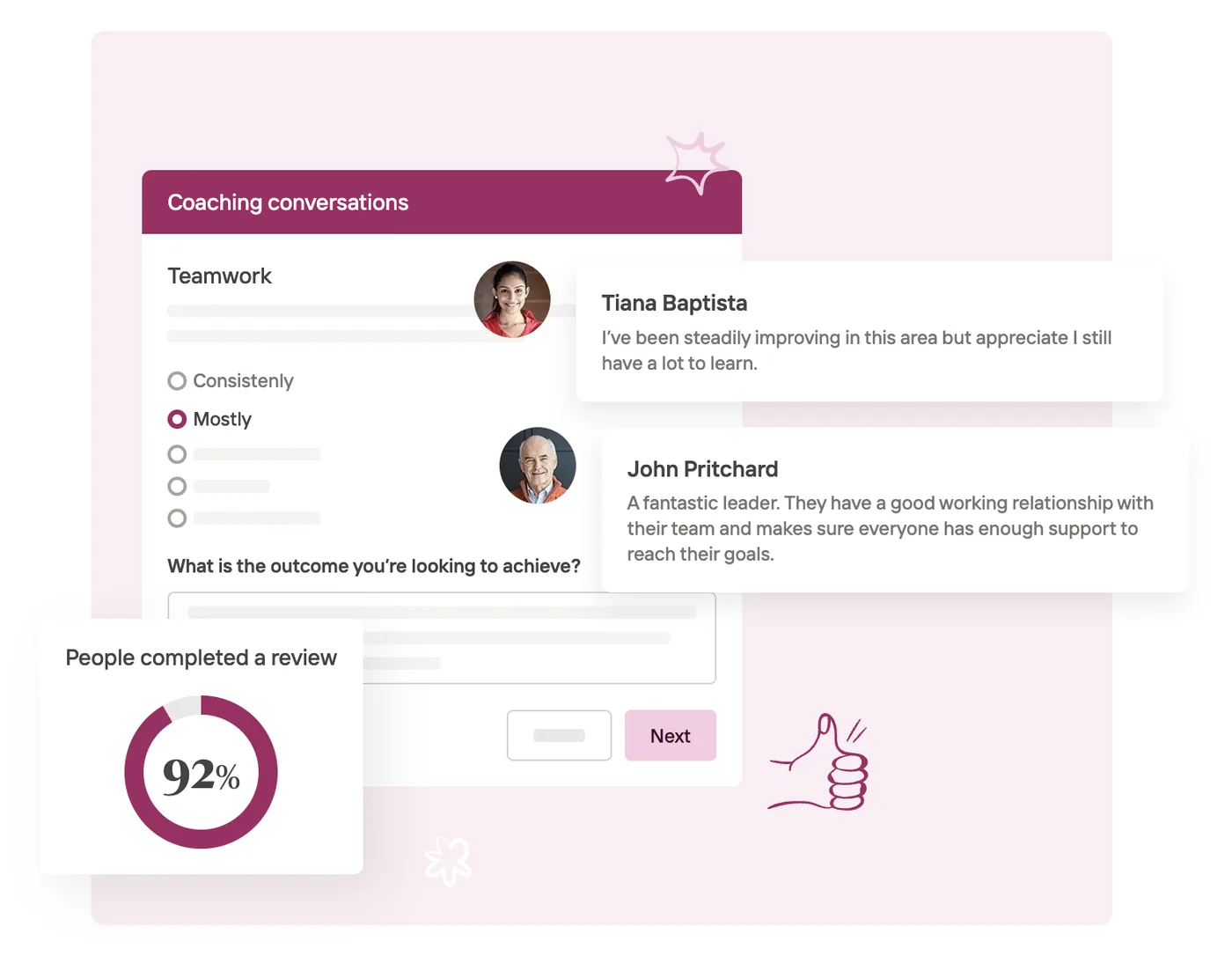 Appraisd coaching conversations screen with a teamwork rating, employee and manager comments, and a 92% review completion dial