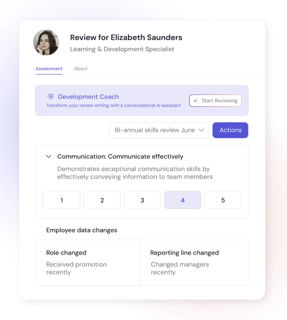 Leapsome review screen for a learning and development specialist with a Development Coach AI assistant, a competency rating scale and employee data changes