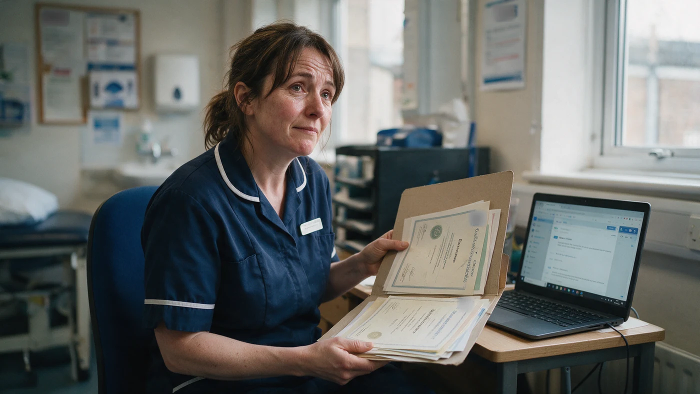 A physiotherapist at a clinic desk at the end of the day, holding a folder of paper course certificates beside an open laptop