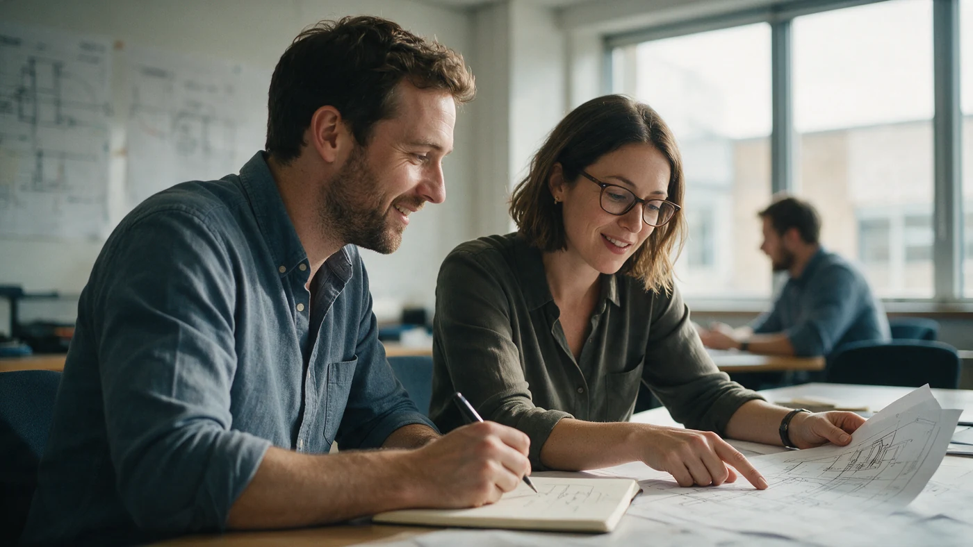 Two engineers at a meeting table working through a printed technical drawing together