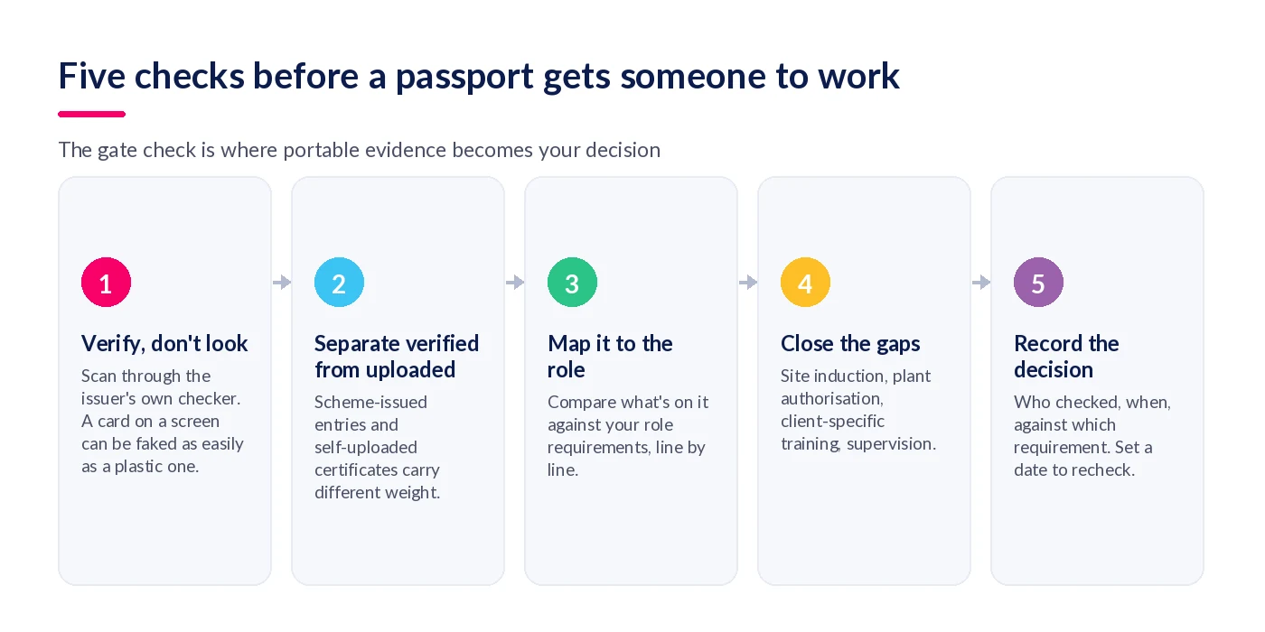 Five-step process: verify through the issuer, separate verified from uploaded entries, map to the role, close gaps, record the decision