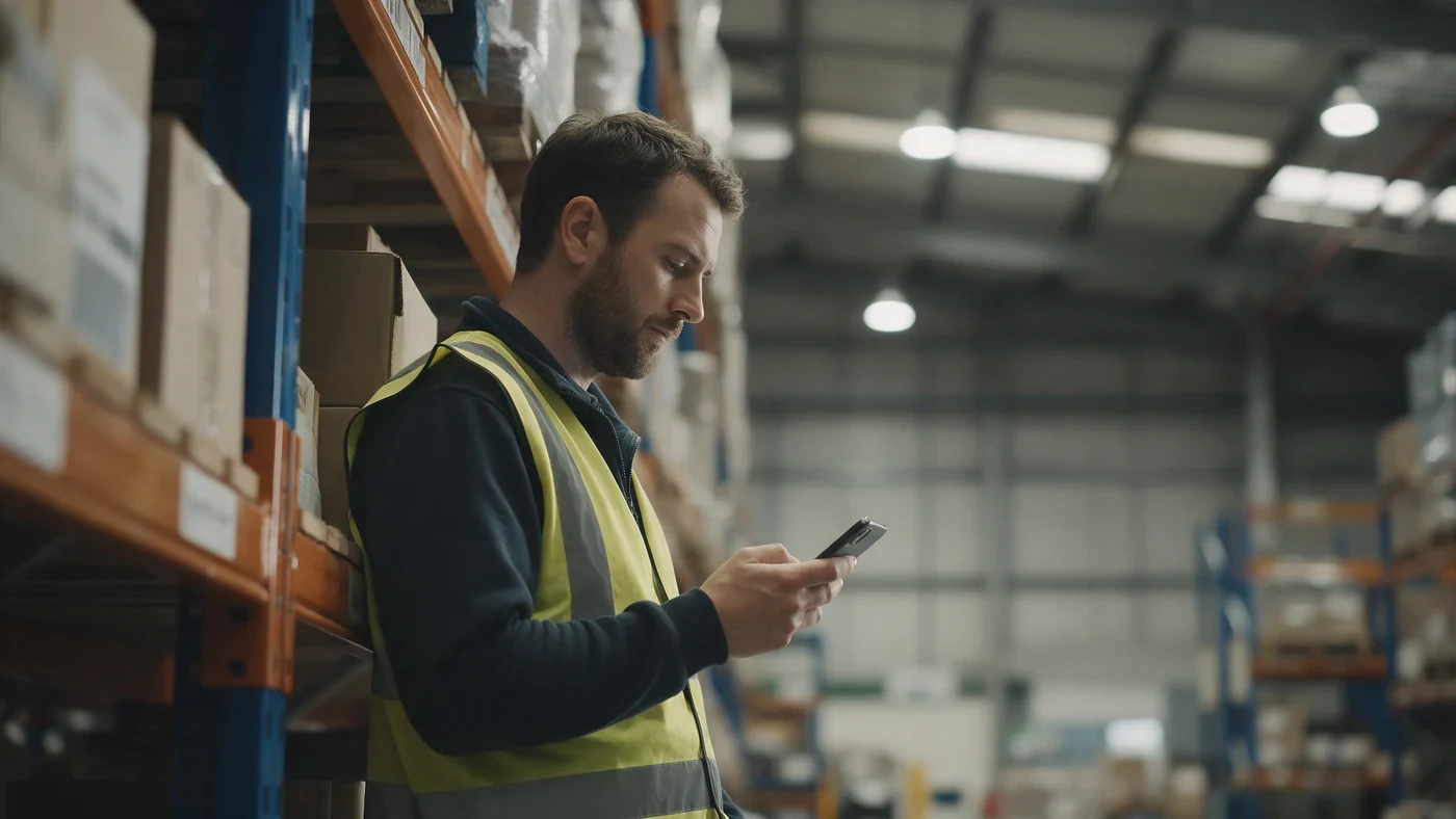 Warehouse worker in a hi-vis vest checking a digital record on his phone between the racking