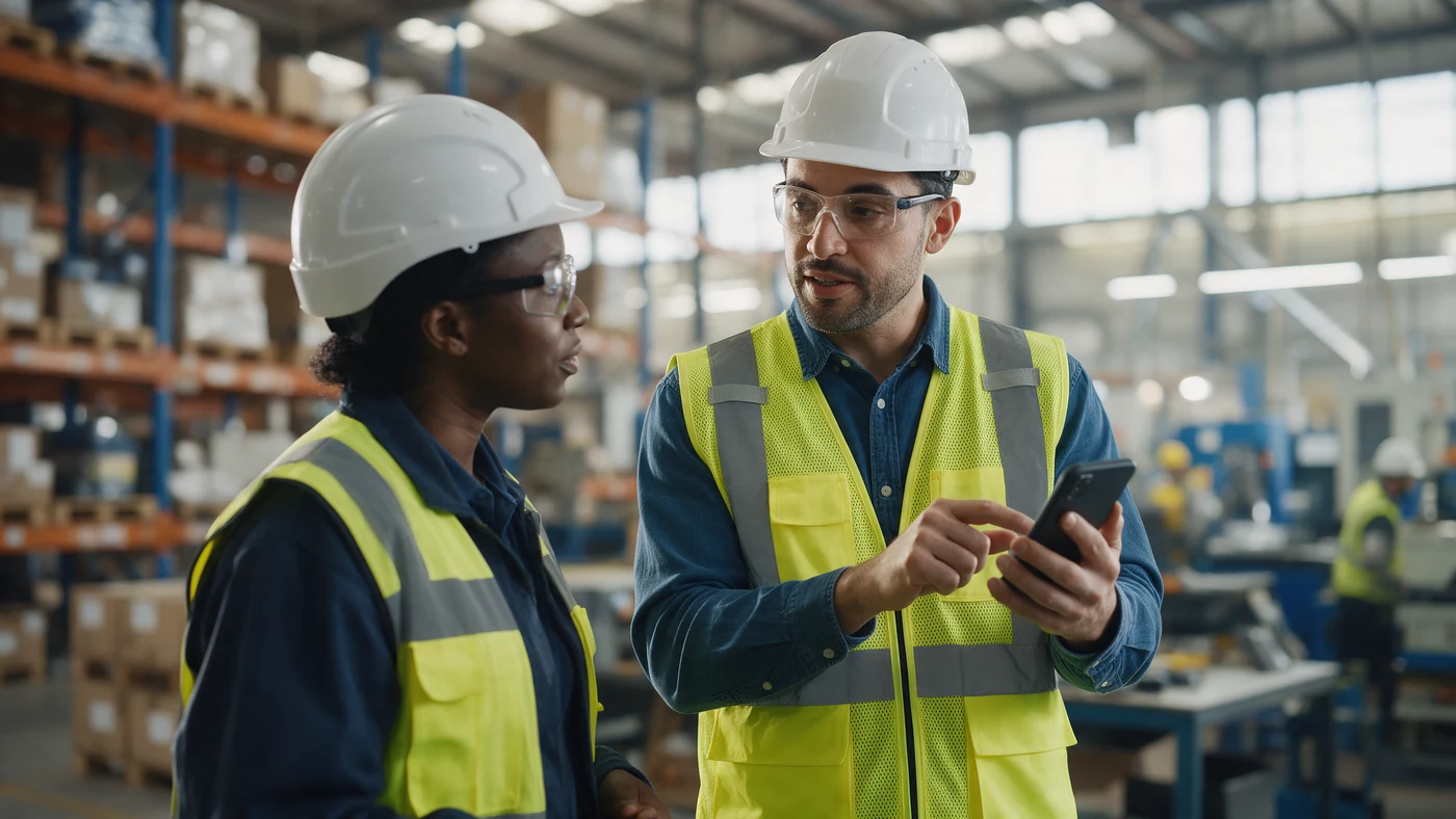 A frontline team leader in a hi-vis vest and hard hat reviews development goals on a smartphone with a colleague on a warehouse floor
